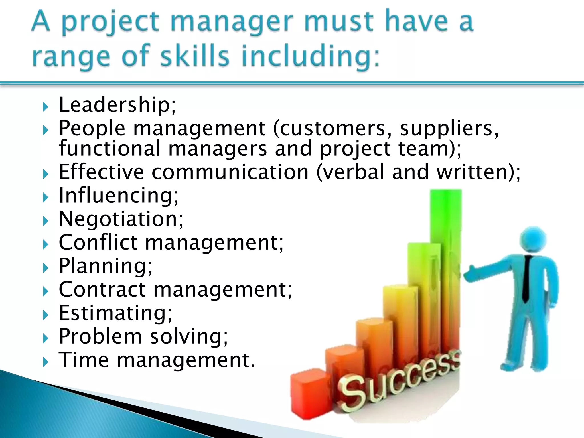    Leadership;
   People management (customers, suppliers,
    functional managers and project team);
   Effective communication (verbal and written);
   Influencing;
   Negotiation;
   Conflict management;
   Planning;
   Contract management;
   Estimating;
   Problem solving;
   Time management.
 
