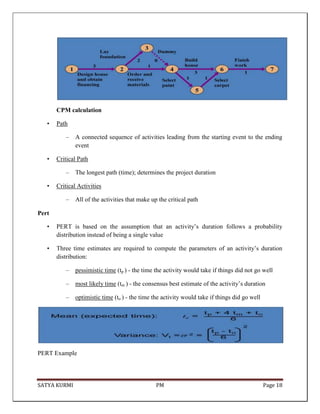 SATYA KURMI PM Page 18
CPM calculation
• Path
– A connected sequence of activities leading from the starting event to the ending
event
• Critical Path
– The longest path (time); determines the project duration
• Critical Activities
– All of the activities that make up the critical path
Pert
• PERT is based on the assumption that an activity’s duration follows a probability
distribution instead of being a single value
• Three time estimates are required to compute the parameters of an activity’s duration
distribution:
– pessimistic time (tp ) - the time the activity would take if things did not go well
– most likely time (tm ) - the consensus best estimate of the activity’s duration
– optimistic time (to ) - the time the activity would take if things did go well
PERT Example
 