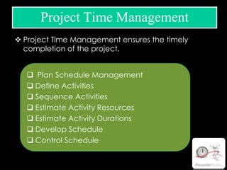  Project Time Management ensures the timely
completion of the project.
Project Time Management
 Plan Schedule Management
 Define Activities
 Sequence Activities
 Estimate Activity Resources
 Estimate Activity Durations
 Develop Schedule
 Control Schedule
 