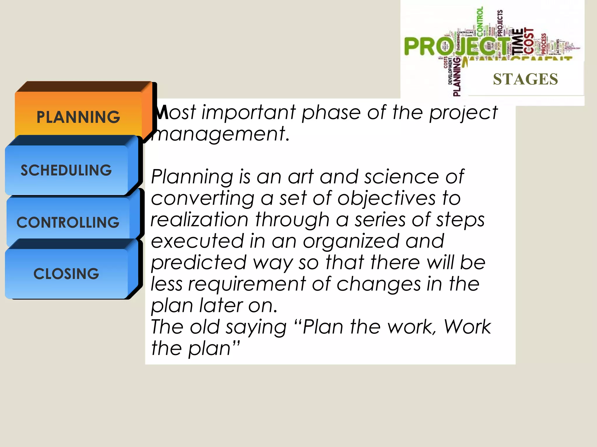 Most important phase of the project
management.
Planning is an art and science of
converting a set of objectives to
realization through a series of steps
executed in an organized and
predicted way so that there will be
less requirement of changes in the
plan later on.
The old saying “Plan the work, Work
the plan”
PLANNING
CONTROLLING
SCHEDULING
CLOSING
STAGESSTAGES
 