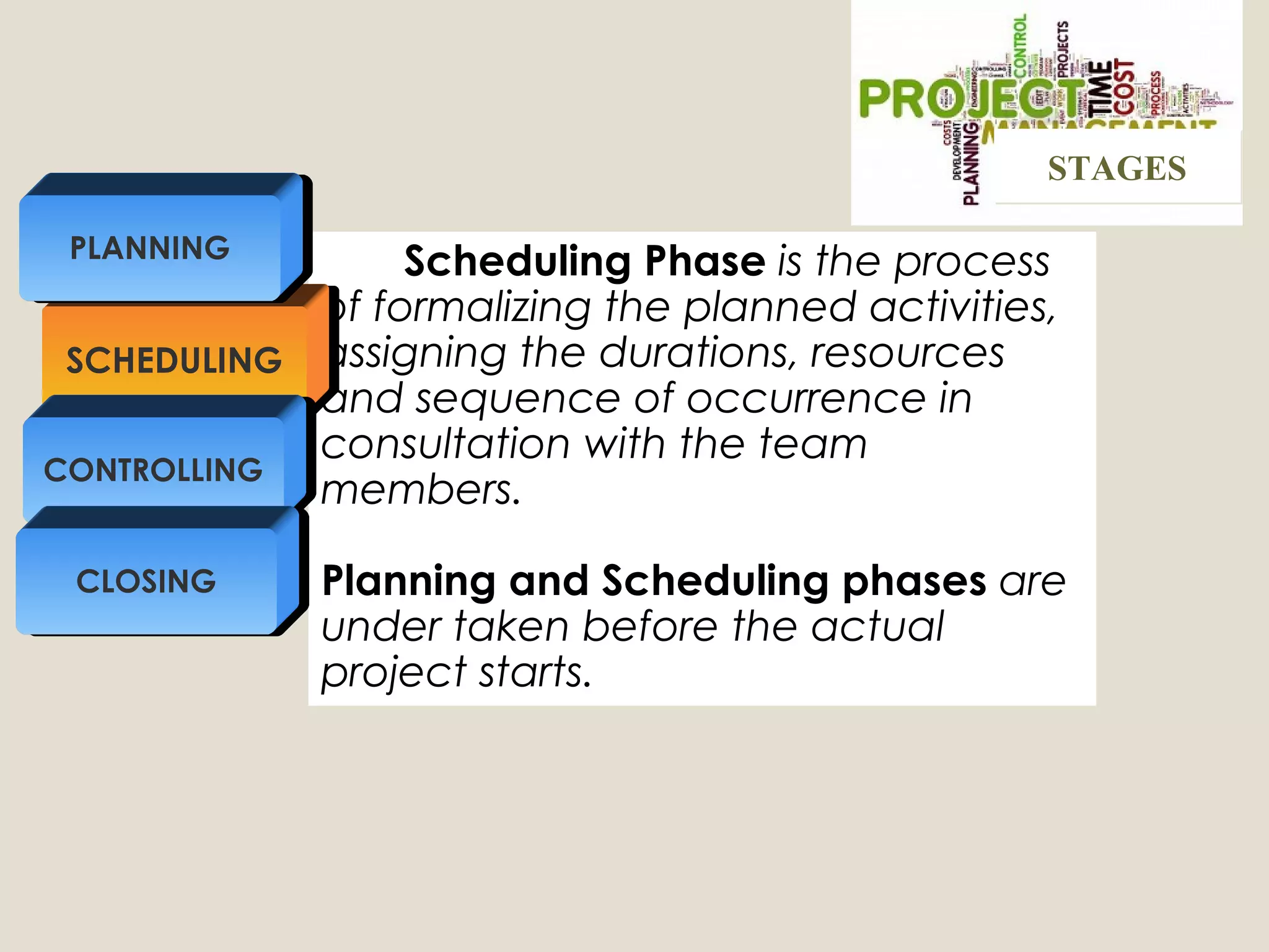 Scheduling Phase is the process
of formalizing the planned activities,
assigning the durations, resources
and sequence of occurrence in
consultation with the team
members.
Planning and Scheduling phases are
under taken before the actual
project starts.
SCHEDULING
CONTROLLING
PLANNING
CLOSING
STAGESSTAGES
 