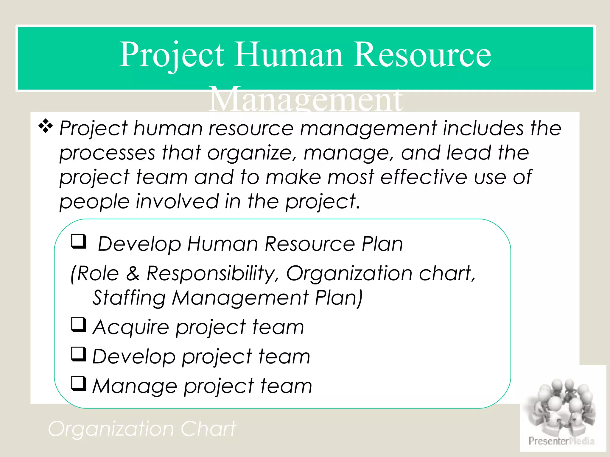  Project human resource management includes the
processes that organize, manage, and lead the
project team and to make most effective use of
people involved in the project.
Project Human Resource
Management
 Develop Human Resource Plan
(Role & Responsibility, Organization chart,
Staffing Management Plan)
 Acquire project team
 Develop project team
 Manage project team
Organization Chart
 