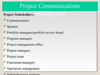 Project Stakeholders :
 Customers/users
 Sponsor
 Portfolio managers/portfolio review board
 Program managers
 Project management office
 Project managers
 Project team
 Functional managers
 Operations management
Project Communications
Management
 