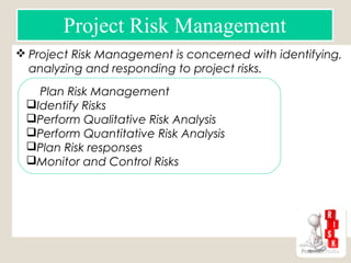  Project Risk Management is concerned with identifying,
analyzing and responding to project risks.
Project Risk Management
 Plan Risk Management
Identify Risks
Perform Qualitative Risk Analysis
Perform Quantitative Risk Analysis
Plan Risk responses
Monitor and Control Risks
Risk Register
 