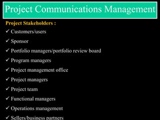 Project Stakeholders :
 Customers/users
 Sponsor
 Portfolio managers/portfolio review board
 Program managers
 Project management office
 Project managers
 Project team
 Functional managers
 Operations management
 Sellers/business partners
Project Communications Management
 