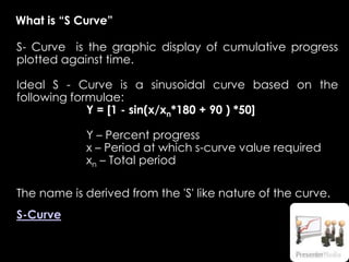 S- Curve is the graphic display of cumulative progress
plotted against time.
Ideal S - Curve is a sinusoidal curve based on the
following formulae:
Y = [1 - sin(x/xn*180 + 90 ) *50]
Y – Percent progress
x – Period at which s-curve value required
xn – Total period
The name is derived from the 'S' like nature of the curve.
S-Curve
What is “S Curve”
 