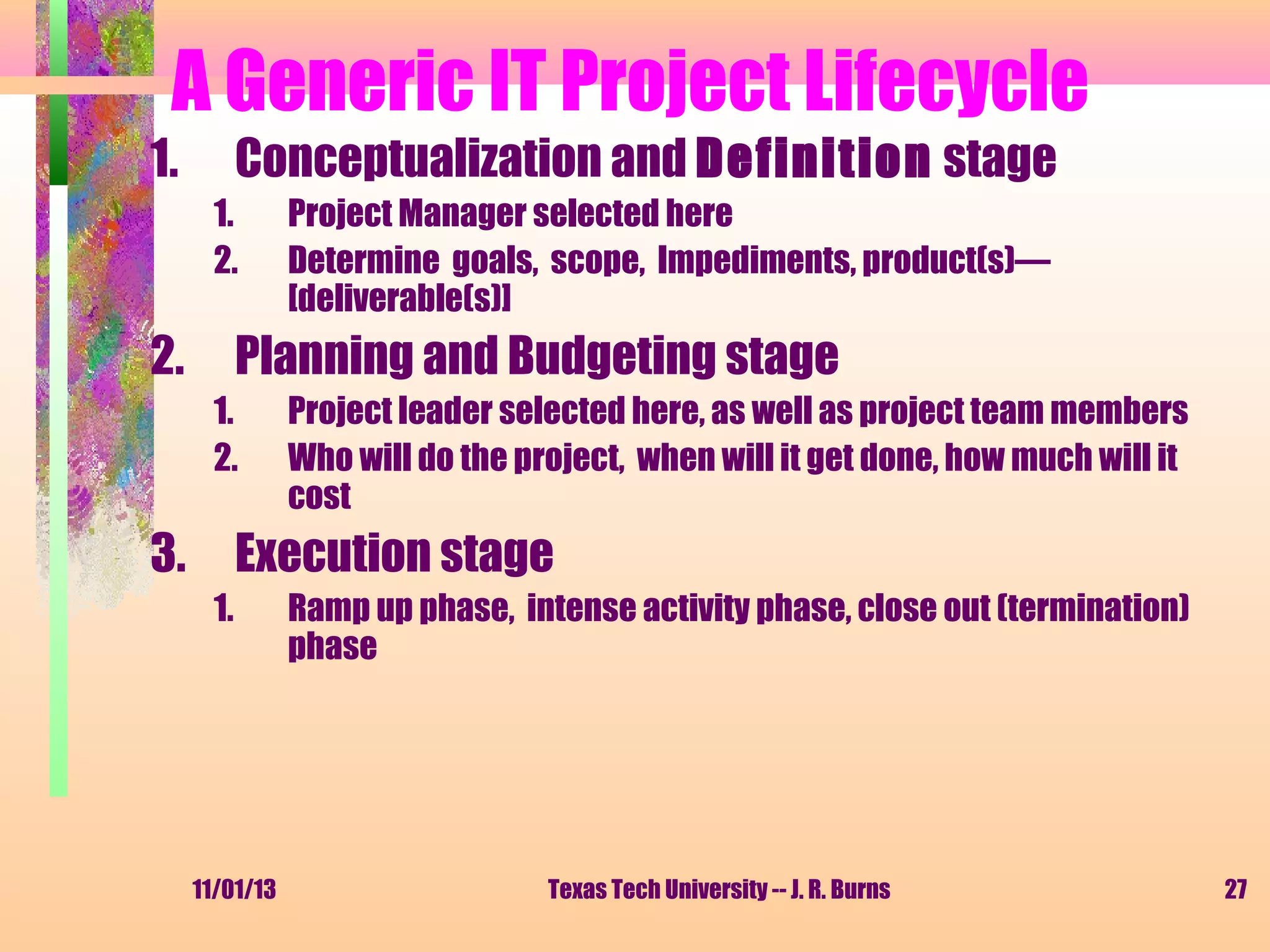 A Generic IT Project Lifecycle
1.

Conceptualization and Definition stage
1.
2.

2.

Project Manager selected here
Determine goals, scope, Impediments, product(s)—
[deliverable(s)]

Planning and Budgeting stage
1.
2.

Project leader selected here, as well as project team members
Who will do the project, when will it get done, how much will it
cost

3. Execution stage
1.

11/01/13

Ramp up phase, intense activity phase, close out (termination)
phase

Texas Tech University -- J. R. Burns

27

 