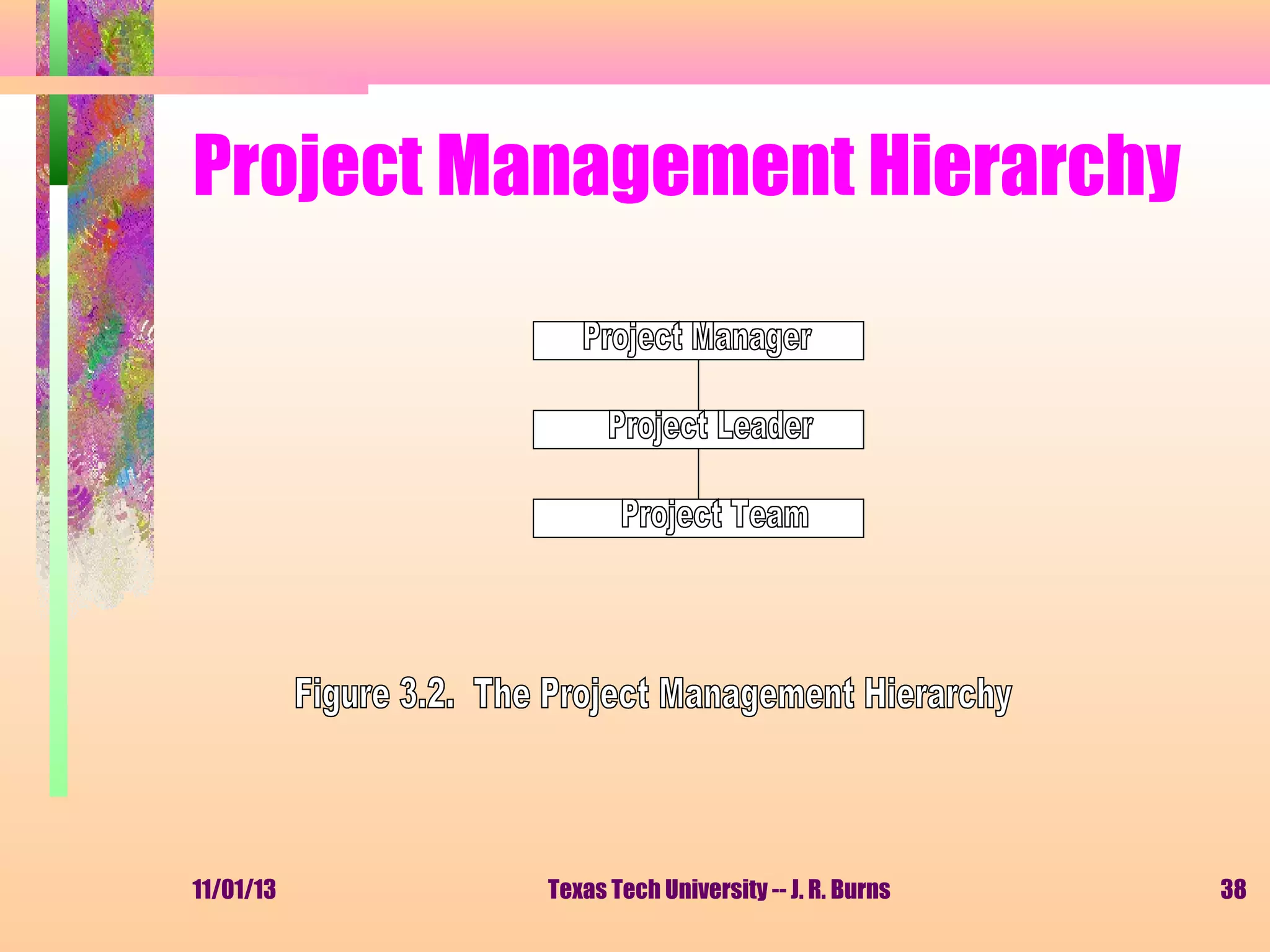 Project Management Hierarchy

11/01/13

Texas Tech University -- J. R. Burns

38

 