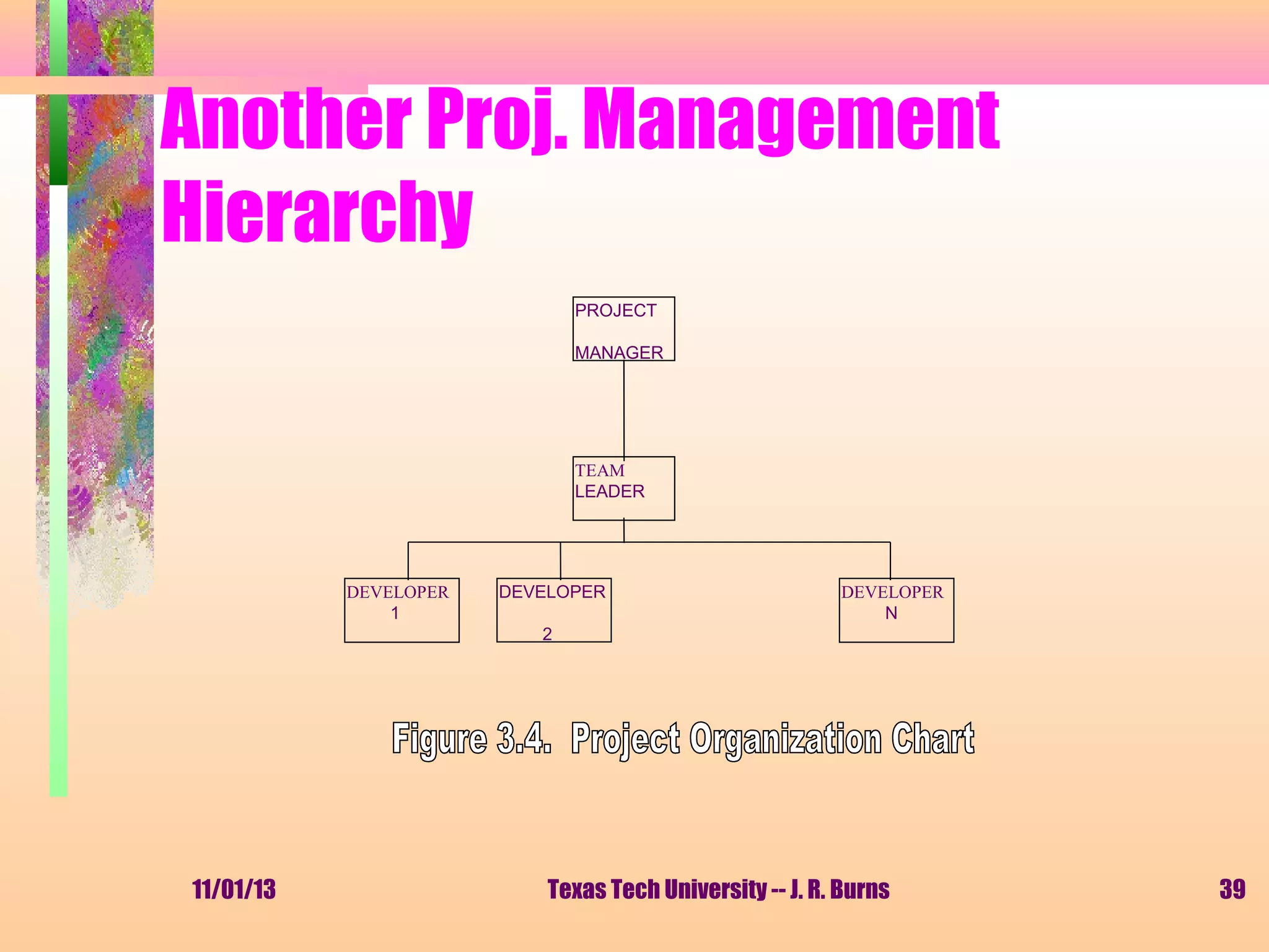 Another Proj. Management
Hierarchy
PROJECT
MANAGER

TEAM
LEADER

DEVELOPER
1

DEVELOPER

DEVELOPER
N

2

11/01/13

Texas Tech University -- J. R. Burns

39

 