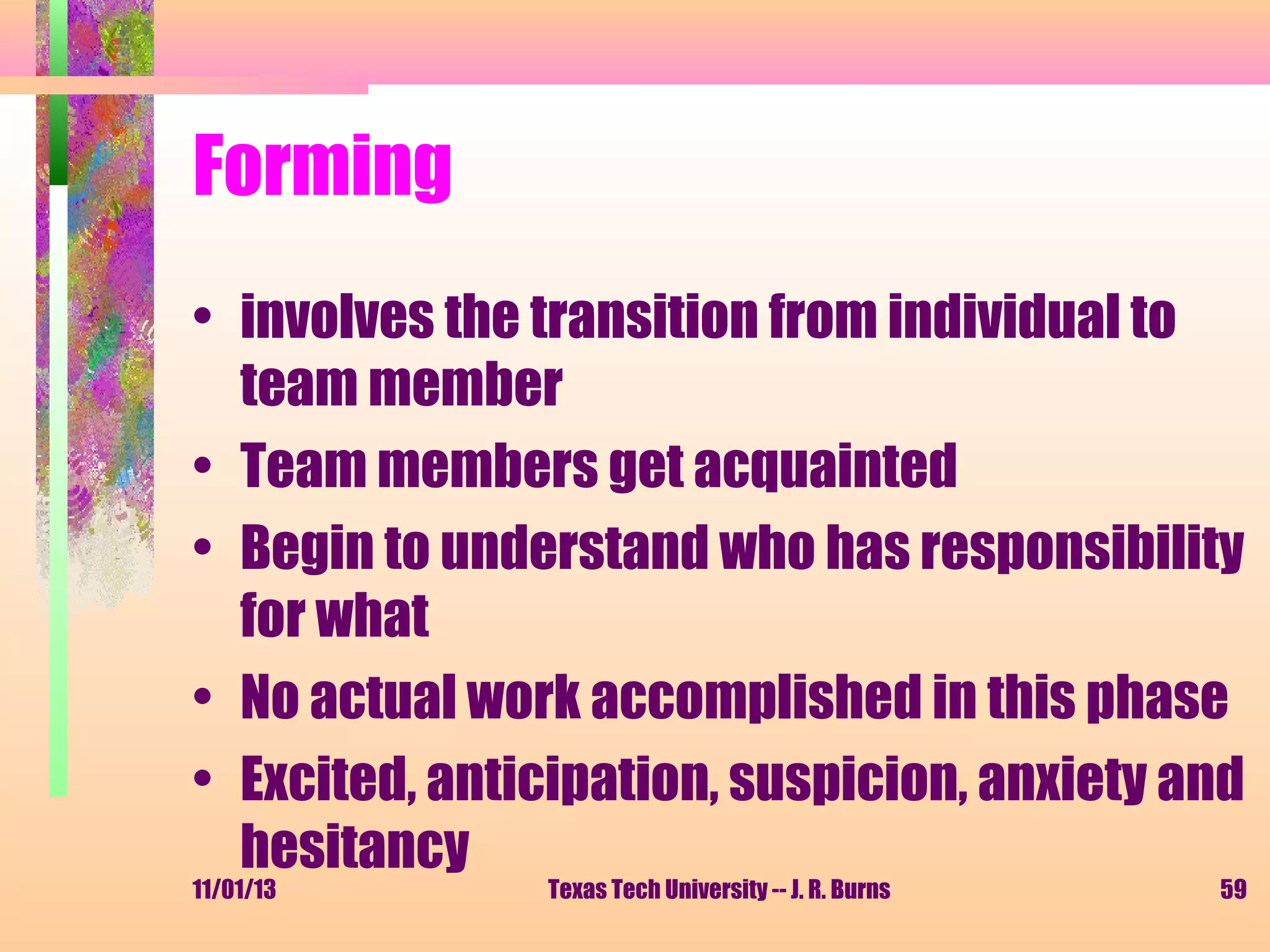 Forming
• involves the transition from individual to
team member
• Team members get acquainted
• Begin to understand who has responsibility
for what
• No actual work accomplished in this phase
• Excited, anticipation, suspicion, anxiety and
hesitancy

11/01/13

Texas Tech University -- J. R. Burns

59

 