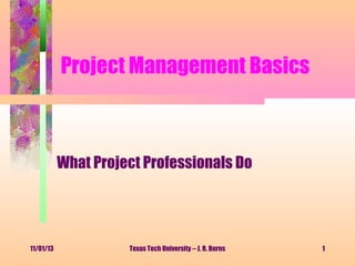 Project Management Basics

What Project Professionals Do

11/01/13

Texas Tech University -- J. R. Burns

1

 