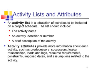 37
Activity Lists and Attributes
 An activity list is a tabulation of activities to be included
on a project schedule. The list should include:
 The activity name
 An activity identifier or number
 A brief description of the activity
 Activity attributes provide more information about each
activity, such as predecessors, successors, logical
relationships, leads and lags, resource requirements,
constraints, imposed dates, and assumptions related to the
activity.
 