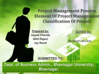 Prepared by:
Jaypal Chavda
Nikit Rajani
Jay Raval
Dept. of Business Admin., Bhavnagar University,
Bhavnagar.
Guided by:
Madhuri Ma’am
SUBMITTED TO:
Project Management Process
Element Of Project Management
Classification Of Project
 