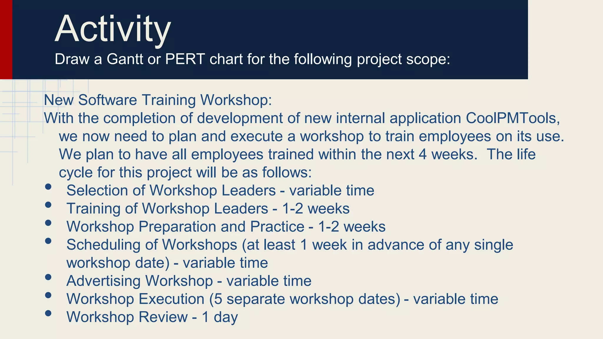 Activity
Draw a Gantt or PERT chart for the following project scope:
New Software Training Workshop:
With the completion of development of new internal application CoolPMTools,
we now need to plan and execute a workshop to train employees on its use.
We plan to have all employees trained within the next 4 weeks. The life
cycle for this project will be as follows:
• Selection of Workshop Leaders - variable time
• Training of Workshop Leaders - 1-2 weeks
• Workshop Preparation and Practice - 1-2 weeks
• Scheduling of Workshops (at least 1 week in advance of any single
workshop date) - variable time
• Advertising Workshop - variable time
• Workshop Execution (5 separate workshop dates) - variable time
• Workshop Review - 1 day
 