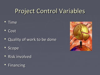 Project Control VariablesProject Control Variables
 TimeTime
 CostCost
 Quality of work to be doneQuality of work to be done
 ScopeScope
 Risk involvedRisk involved
 FinancingFinancing
 