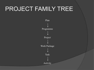 PROJECT FAMILY TREE
Plan
Programme
Project
Work Package
Task
Activity
 