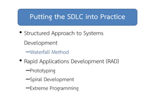 Putting the SDLC into Practice 
• Structured Approach to Systems 
Development 
–Waterfall Method 
• Rapid Applications Development (RAD) 
–Prototyping 
–Spiral Development 
–Extreme Programming 
 