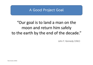 A Good Project Goal 
“Our goal is to land a man on the 
moon and return him safely 
to the earth by the end of the decade.” 
Marchewka (2006) 
John F. Kennedy (1961) 
 