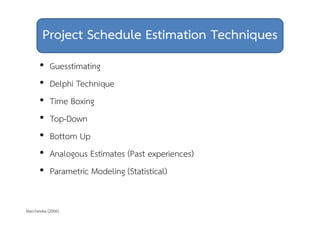 Project Schedule Estimation Techniques 
• Guesstimating 
• Delphi Technique 
• Time Boxing 
• Top-Down 
• Bottom Up 
• Analogous Estimates (Past experiences) 
• Parametric Modeling (Statistical) 
Marchewka (2006) 
 