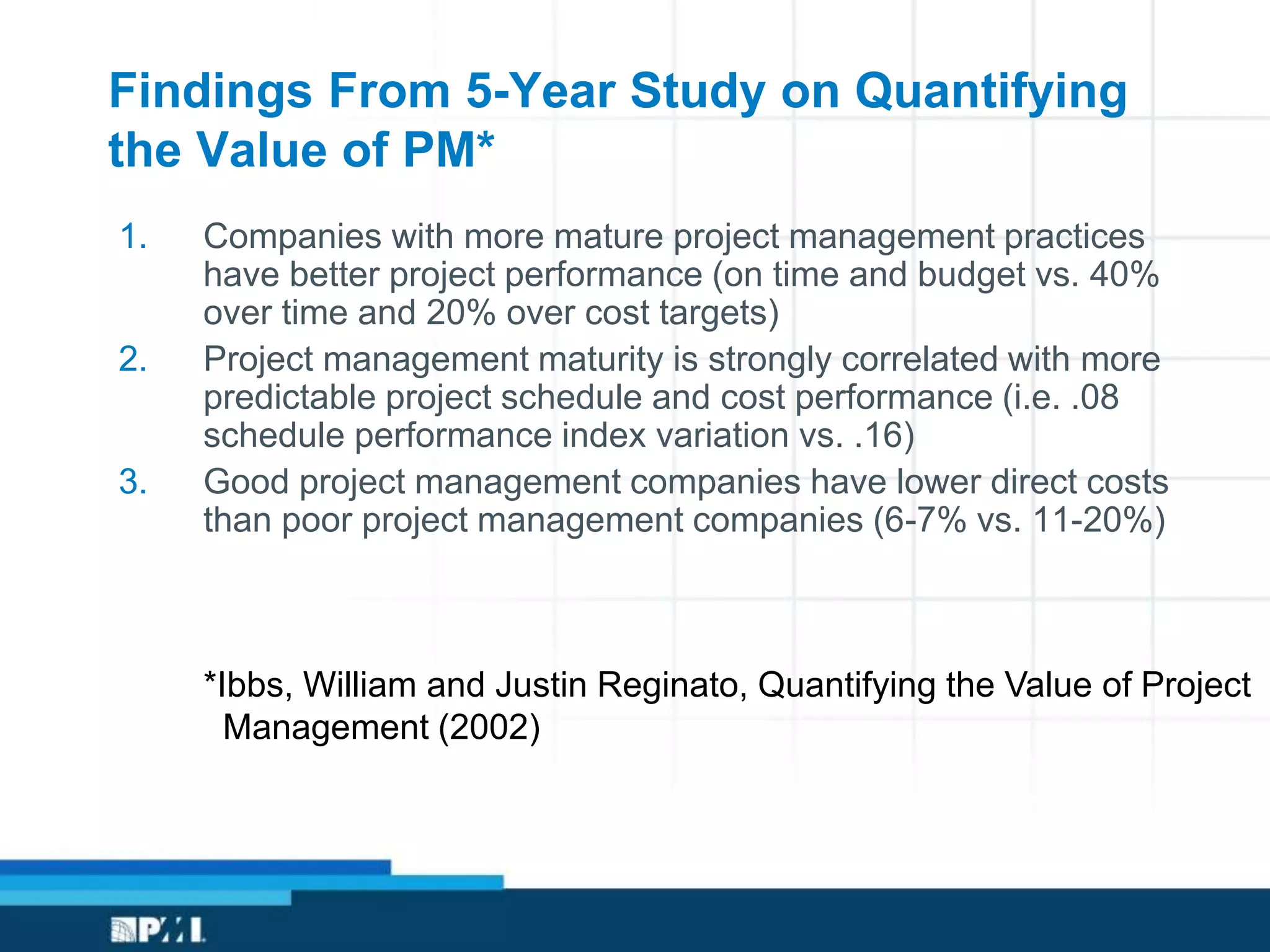 Findings From 5-Year Study on Quantifying
the Value of PM*
1. Companies with more mature project management practices
have better project performance (on time and budget vs. 40%
over time and 20% over cost targets)
2. Project management maturity is strongly correlated with more
predictable project schedule and cost performance (i.e. .08
schedule performance index variation vs. .16)
3. Good project management companies have lower direct costs
than poor project management companies (6-7% vs. 11-20%)
*Ibbs, William and Justin Reginato, Quantifying the Value of Project
Management (2002)
 