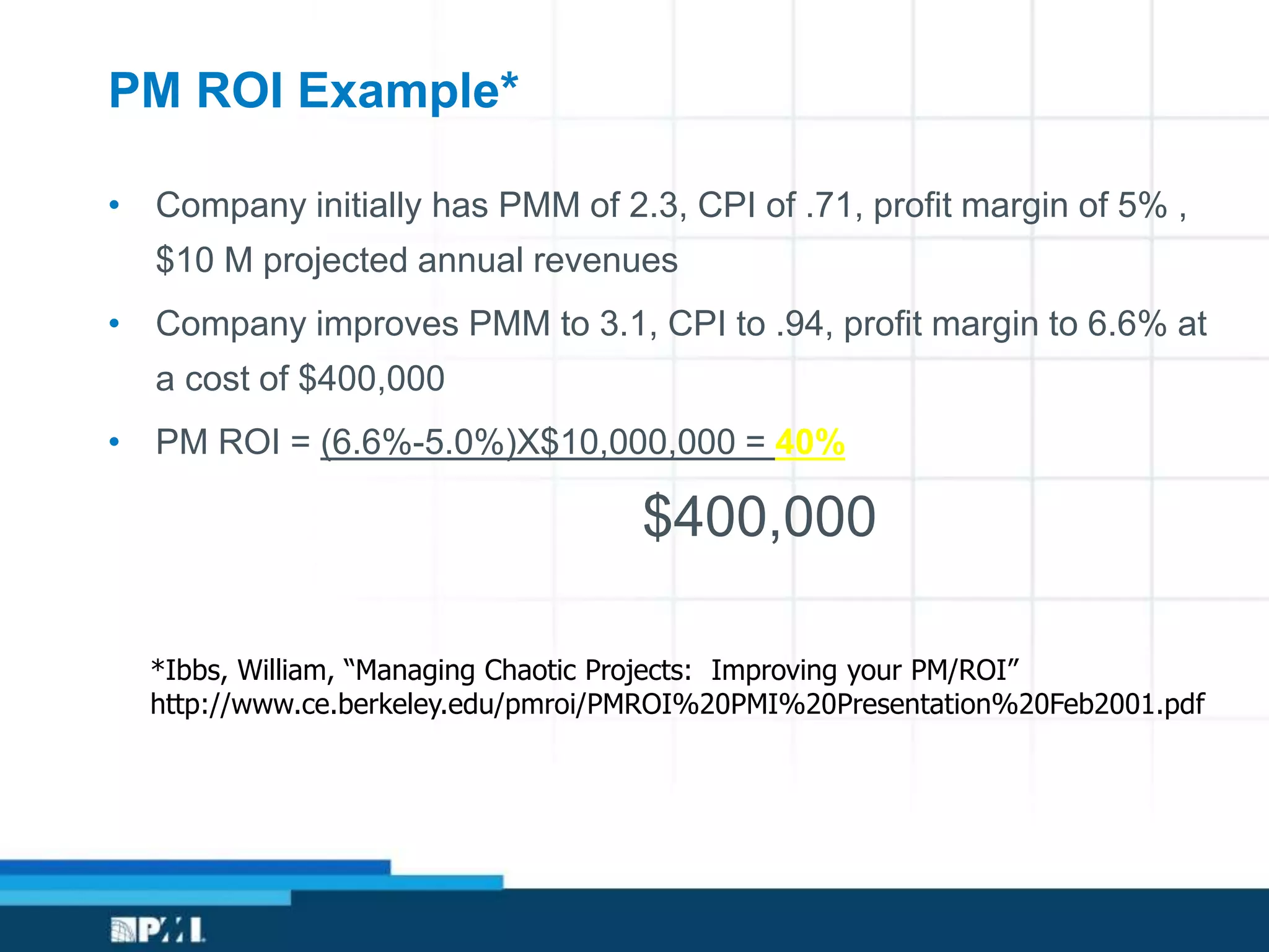 PM ROI Example*
• Company initially has PMM of 2.3, CPI of .71, profit margin of 5% ,
$10 M projected annual revenues
• Company improves PMM to 3.1, CPI to .94, profit margin to 6.6% at
a cost of $400,000
• PM ROI = (6.6%-5.0%)X$10,000,000 = 40%
$400,000
*Ibbs, William, “Managing Chaotic Projects: Improving your PM/ROI”
http://www.ce.berkeley.edu/pmroi/PMROI%20PMI%20Presentation%20Feb2001.pdf
 