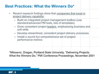 Best Practices: What the Winners Do* 
• Recent research findings show that companies that excel in 
project delivery capability: 
– Build an integrated project management toolbox (use 
standard/advanced PM tools, lots of templates) 
– Grow competent project leaders, emphasizing business and 
soft skills 
– Develop streamlined, consistent project delivery processes 
– Install a sound but comprehensive set of project 
performance metrics 
*Milosevic, Dragan, Portland State University, “Delivering Projects: 
What the Winners Do,” PMI Conference Proceedings, November 2001 
 