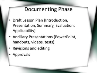 Documenting Phase 
• Draft Lesson Plan (Introduction, 
Presentation, Summary, Evaluation, 
Applicability) 
• Ancillary Presentations (PowerPoint, 
handouts, videos, tests) 
• Revisions and editing 
• Approvals 
 