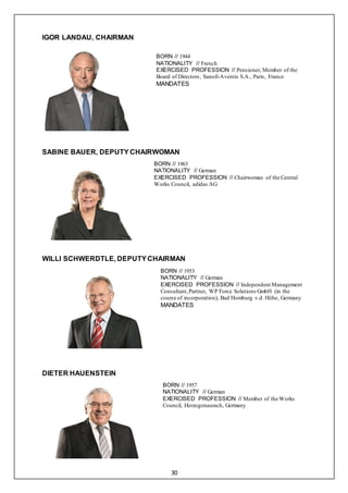 30
IGOR LANDAU, CHAIRMAN
BORN // 1944
NATIONALITY // French
EXERCISED PROFESSION // Pensioner, Member of the
Board of Directors, Sanofi-Aventis S.A., Paris, France
MANDATES
SABINE BAUER, DEPUTY CHAIRWOMAN
BORN // 1963
NATIONALITY // German
EXERCISED PROFESSION // Chairwoman of the Central
Works Council, adidas AG
WILLI SCHWERDTLE, DEPUTYCHAIRMAN
BORN // 1953
NATIONALITY // German
EXERCISED PROFESSION // Independent Management
Consultant,Partner, WP Force Solutions GmbH (in the
course of incorporation), Bad Homburg v.d. Höhe, Germany
MANDATES
DIETER HAUENSTEIN
BORN // 1957
NATIONALITY // German
EXERCISED PROFESSION // Member of the Works
Council, Herzogenaurach, Germany
 