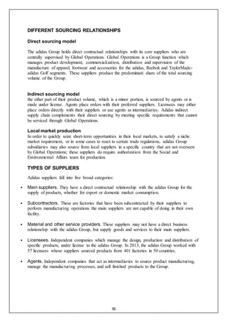 36
DIFFERENT SOURCING RELATIONSHIPS
Direct sourcing model
The adidas Group holds direct contractual relationships with its core suppliers who are
centrally supervised by Global Operations. Global Operations is a Group function which
manages product development, commercialization, distribution and supervision of the
manufacture of apparel, footwear and accessories for the adidas, Reebok and TaylorMade-
adidas Golf segments. These suppliers produce the predominant share of the total sourcing
volume of the Group.
Indirect sourcing model
the other part of their product volume, which is a minor portion, is sourced by agents or is
made under license. Agents place orders with their preferred suppliers. Licensees may either
place orders directly with their suppliers or use agents as intermediaries. Adidas indirect
supply chain complements their direct sourcing by meeting specific requirements that cannot
be serviced through Global Operations.
Local market production
In order to quickly seize short-term opportunities in their local markets, to satisfy a niche
market requirement, or in some cases to react to certain trade regulations, adidas Group
subsidiaries may also source from local suppliers in a specific country that are not overseen
by Global Operations; these suppliers do require authorization from the Social and
Environmental Affairs team for production.
TYPES OF SUPPLIERS
Adidas suppliers fall into five broad categories:
 Main suppliers. They have a direct contractual relationship with the adidas Group for the
supply of products, whether for export or domestic market consumption.
 Subcontractors. These are factories that have been subcontracted by their suppliers to
perform manufacturing operations the main suppliers are not capable of doing in their own
facility.
 Material and other service providers. These suppliers may not have a direct business
relationship with the adidas Group, but supply goods and services to their main suppliers.
 Licensees. Independent companies which manage the design, production and distribution of
specific products, under license to the adidas Group. In 2013, the adidas Group worked with
57 licensees whose suppliers sourced products from 401 factories in 50 countries.
 Agents. Independent companies that act as intermediaries to source product manufacturing,
manage the manufacturing processes, and sell finished products to the Group.
 