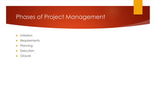 Phases of Project Management
 Initiation
 Requirements
 Planning
 Execution
 Closure
 