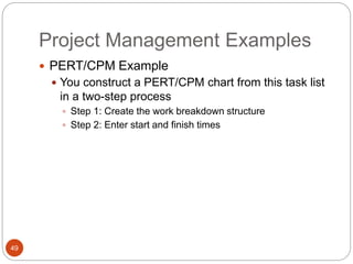 Project Management Examples
49
 PERT/CPM Example
 You construct a PERT/CPM chart from this task list
in a two-step process
 Step 1: Create the work breakdown structure
 Step 2: Enter start and finish times
 
