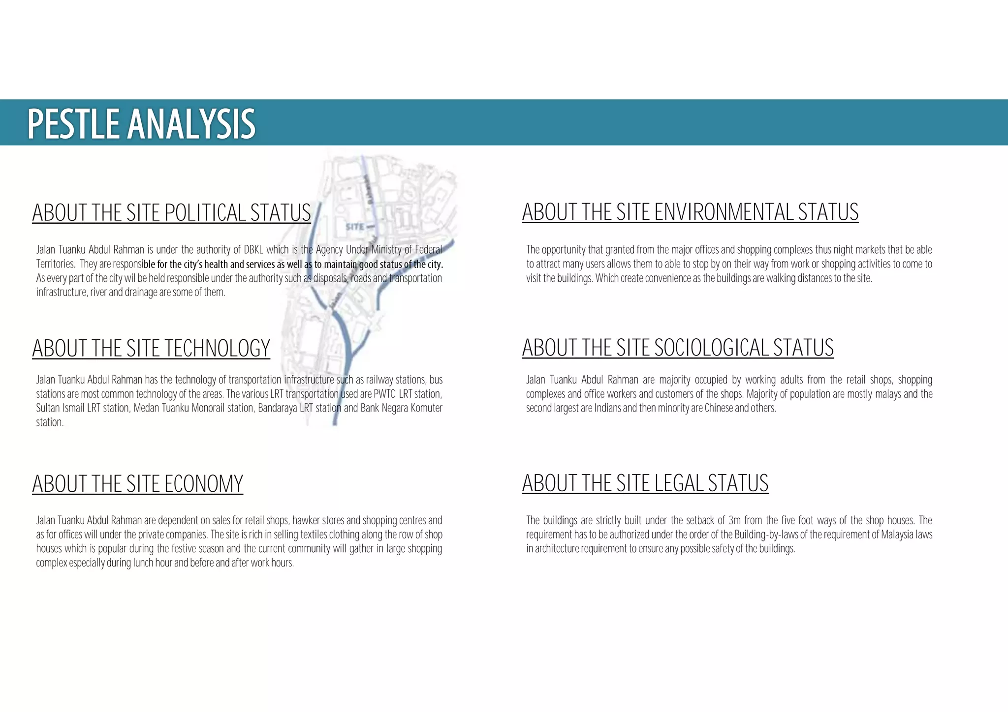 ABOUT THE SITE POLITICAL STATUS
ABOUT THE SITE TECHNOLOGY
ABOUT THE SITE ECONOMY
ABOUT THE SITE ENVIRONMENTAL STATUS
ABOUT THE SITE SOCIOLOGICAL STATUS
ABOUT THE SITE LEGAL STATUS
The opportunity that granted from the major offices and shopping complexes thus night markets that be able
to attract many users allows them to able to stop by on their way from work or shopping activities to come to
visit the buildings. Which create convenience as the buildings are walking distances to the site.
Jalan Tuanku Abdul Rahman is under the authority of DBKL which is the Agency Under Ministry of Federal
Territories. They are responsi
As every part of the city wil be held responsible under the authority such as disposals, roads and transportation
infrastructure, river and drainage are some of them.
Jalan Tuanku Abdul Rahman has the technology of transportation infrastructure such as railway stations, bus
stations are most common technology of the areas. The various LRT transportation used are PWTC LRT station,
Sultan Ismail LRT station, Medan Tuanku Monorail station, Bandaraya LRT station and Bank Negara Komuter
station.
Jalan Tuanku Abdul Rahman are dependent on sales for retail shops, hawker stores and shopping centres and
as for offices will under the private companies. The site is rich in selling textiles clothing along the row of shop
houses which is popular during the festive season and the current community will gather in large shopping
complex especially during lunch hour and before and after work hours.
The buildings are strictly built under the setback of 3m from the five foot ways of the shop houses. The
requirement has to be authorized under the order of the Building-by-laws of the requirement of Malaysia laws
in architecture requirement to ensure any possible safety of the buildings.
Jalan Tuanku Abdul Rahman are majority occupied by working adults from the retail shops, shopping
complexes and office workers and customers of the shops. Majority of population are mostly malays and the
second largest are Indians and then minority are Chinese and others.
 