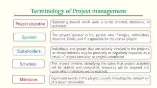 Terminology of Project management
Project objective
Something toward which work is to be directed, attainable, or
achieved
Sponsor
The project sponsor is the person who manages, administers,
monitors, funds, and if responsible for the overall project
Stakeholders
Individuals and groups that are actively involved in the projects,
or whose interests may be positively or negatively impacted as a
result of project execution or project completion.
Schedule
Milestone
The project timeline, identifying the dates that project activities
will be started and completed, resources will be required and
upon which milestone will be reached.
Significant events in the project, usually including the completion
of a major deliverable.
 