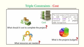 Triple Constraints - Cost
The main output of this process is
a cost management plan.
Estimating costs is a very
important part of project
cost management.
 