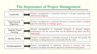 The Importance of Project Management
Leadership
Clear Focus &
Objectives
Realistic Project
Planning
Quality Control
Risk Management
Project management is important because it brings leadership and
direction to projects.
Project management is important because it ensures there’s a proper
plan for executing on strategic goals.
Project management is important because it ensures proper
expectations are set around what can be delivered, by when, and for
how much.
Projects management is important because it ensures the quality of
whatever is being delivered, consistently hits the mark
Project management is important because it ensures risks are
properly managed and reduce against to avoid becoming issues.
 