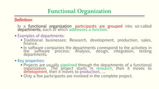 Functional Organization
Definition:
In a functional organization participants are grouped into so-called
departments, each of which addresses a function.
 Examples of departments:
 Traditional businesses: Research, development, production, sales,
finance.
 In software companies the departments correspond to the activities in
the software process: Analysis, design, integration, testing
departments.
 Key properties:
 Projects are usually pipelined through the departments of a functional
organization. The project starts in research, then it moves to
development, then it moves to production, ….
 Only a few participants are involved in the complete project.
 