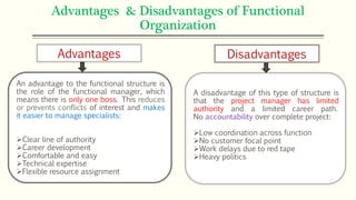 Advantages & Disadvantages of Functional
Organization
An advantage to the functional structure is
the role of the functional manager, which
means there is only one boss. This reduces
or prevents conflicts of interest and makes
it easier to manage specialists:
Clear line of authority
Career development
Comfortable and easy
Technical expertise
Flexible resource assignment
A disadvantage of this type of structure is
that the project manager has limited
authority and a limited career path.
No accountability over complete project:
Low coordination across function
No customer focal point
Work delays due to red tape
Heavy politics
Advantages Disadvantages
 