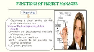 FUNCTIONS OF PROJECT MANAGER
Organizing
Organizing is about setting up the
project team’s structure.
some of the key organizing duties
include
-Determine the organizational structure
of the project term
-identify roles and positions
-identify services to be provided by
external companies
-staff project positions
 