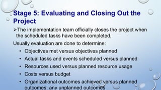Stage 5: Evaluating and Closing Out the
Project
The implementation team officially closes the project when
the scheduled tasks have been completed.
Usually evaluation are done to determine:
• Objectives met versus objectives planned
• Actual tasks and events scheduled versus planned
• Resources used versus planned resource usage
• Costs versus budget
• Organizational outcomes achieved versus planned
outcomes; any unplanned outcomes
 