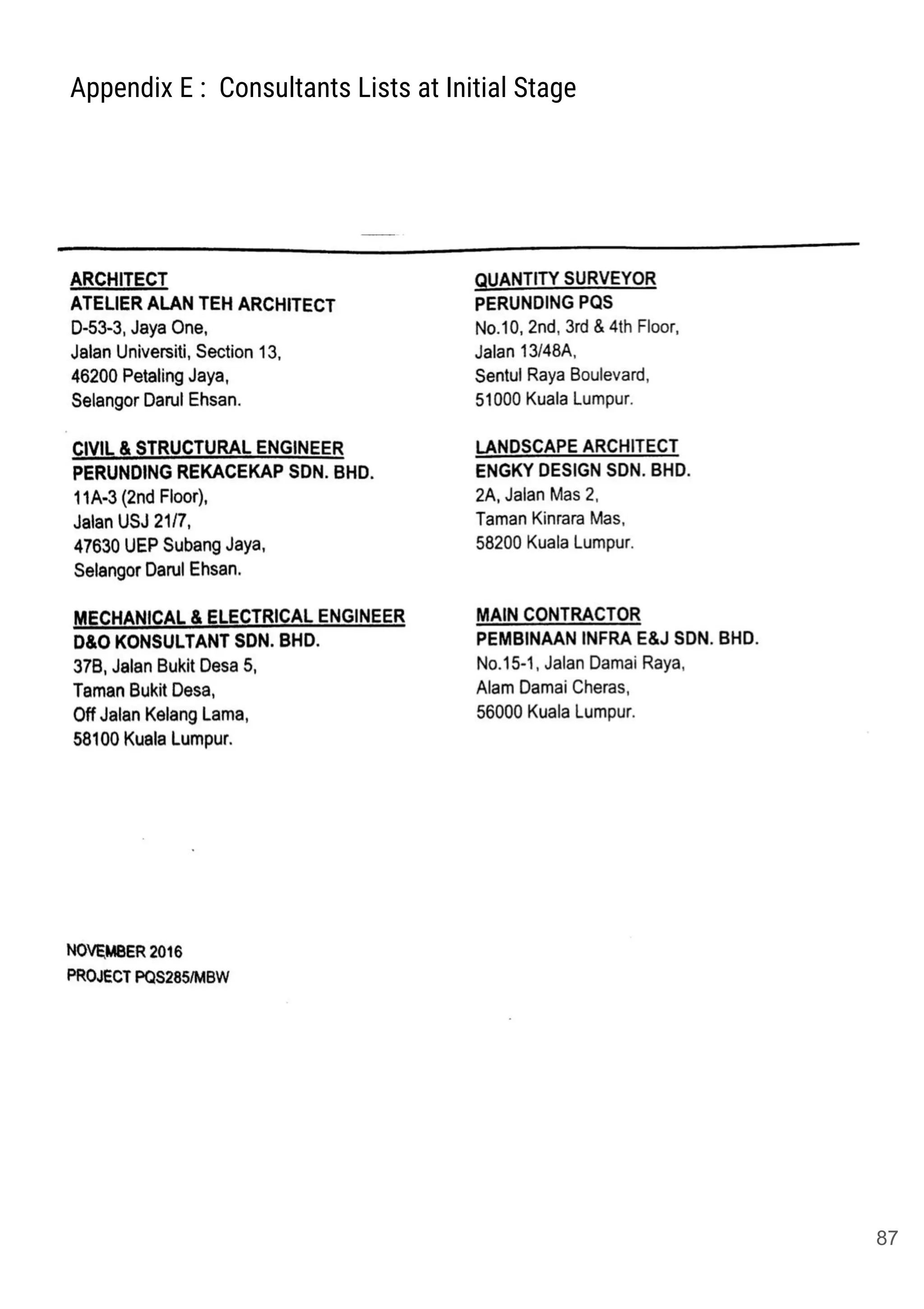 Appendix E : Consultants Lists at Initial Stage
87
 