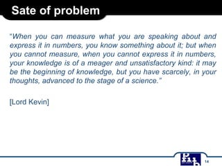Sate of problem
“When you can measure what you are speaking about and
express it in numbers, you know something about it; but when
you cannot measure, when you cannot express it in numbers,
your knowledge is of a meager and unsatisfactory kind: it may
be the beginning of knowledge, but you have scarcely, in your
thoughts, advanced to the stage of a science.”
[Lord Kevin]
14
 