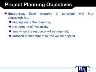Project Planning Objectives
●Resources. Each resource is specified with four
characteristics:
● description of the resource,
● a statement of availability,
● time when the resource will be required;
● duration of time that resource will be applied
40
 