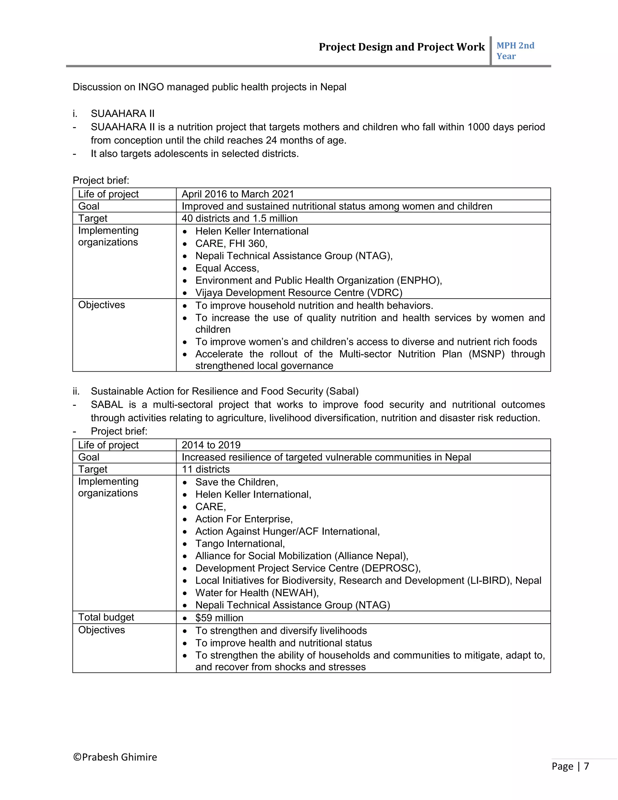 Project Design and Project Work MPH 2nd
Year
©Prabesh Ghimire
Page | 7
Discussion on INGO managed public health projects in Nepal
i. SUAAHARA II
- SUAAHARA II is a nutrition project that targets mothers and children who fall within 1000 days period
from conception until the child reaches 24 months of age.
- It also targets adolescents in selected districts.
Project brief:
Life of project April 2016 to March 2021
Goal Improved and sustained nutritional status among women and children
Target 40 districts and 1.5 million
Implementing
organizations
 Helen Keller International
 CARE, FHI 360,
 Nepali Technical Assistance Group (NTAG),
 Equal Access,
 Environment and Public Health Organization (ENPHO),
 Vijaya Development Resource Centre (VDRC)
Objectives  To improve household nutrition and health behaviors.
 To increase the use of quality nutrition and health services by women and
children
 To improve women’s and children’s access to diverse and nutrient rich foods
 Accelerate the rollout of the Multi-sector Nutrition Plan (MSNP) through
strengthened local governance
ii. Sustainable Action for Resilience and Food Security (Sabal)
- SABAL is a multi-sectoral project that works to improve food security and nutritional outcomes
through activities relating to agriculture, livelihood diversification, nutrition and disaster risk reduction.
- Project brief:
Life of project 2014 to 2019
Goal Increased resilience of targeted vulnerable communities in Nepal
Target 11 districts
Implementing
organizations
 Save the Children,
 Helen Keller International,
 CARE,
 Action For Enterprise,
 Action Against Hunger/ACF International,
 Tango International,
 Alliance for Social Mobilization (Alliance Nepal),
 Development Project Service Centre (DEPROSC),
 Local Initiatives for Biodiversity, Research and Development (LI-BIRD), Nepal
 Water for Health (NEWAH),
 Nepali Technical Assistance Group (NTAG)
Total budget  $59 million
Objectives  To strengthen and diversify livelihoods
 To improve health and nutritional status
 To strengthen the ability of households and communities to mitigate, adapt to,
and recover from shocks and stresses
 