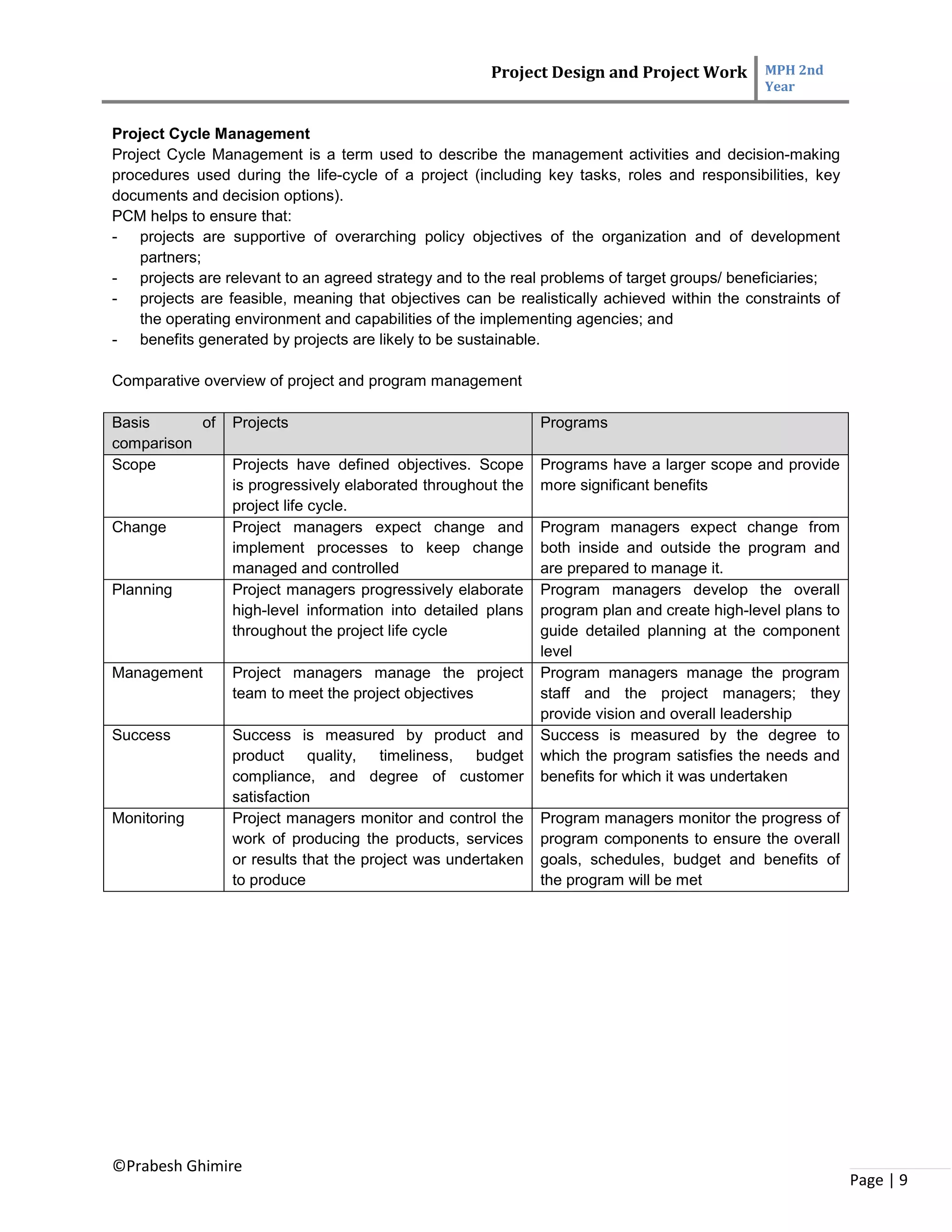 Project Design and Project Work MPH 2nd
Year
©Prabesh Ghimire
Page | 9
Project Cycle Management
Project Cycle Management is a term used to describe the management activities and decision-making
procedures used during the life-cycle of a project (including key tasks, roles and responsibilities, key
documents and decision options).
PCM helps to ensure that:
- projects are supportive of overarching policy objectives of the organization and of development
partners;
- projects are relevant to an agreed strategy and to the real problems of target groups/ beneficiaries;
- projects are feasible, meaning that objectives can be realistically achieved within the constraints of
the operating environment and capabilities of the implementing agencies; and
- benefits generated by projects are likely to be sustainable.
Comparative overview of project and program management
Basis of
comparison
Projects Programs
Scope Projects have defined objectives. Scope
is progressively elaborated throughout the
project life cycle.
Programs have a larger scope and provide
more significant benefits
Change Project managers expect change and
implement processes to keep change
managed and controlled
Program managers expect change from
both inside and outside the program and
are prepared to manage it.
Planning Project managers progressively elaborate
high-level information into detailed plans
throughout the project life cycle
Program managers develop the overall
program plan and create high-level plans to
guide detailed planning at the component
level
Management Project managers manage the project
team to meet the project objectives
Program managers manage the program
staff and the project managers; they
provide vision and overall leadership
Success Success is measured by product and
product quality, timeliness, budget
compliance, and degree of customer
satisfaction
Success is measured by the degree to
which the program satisfies the needs and
benefits for which it was undertaken
Monitoring Project managers monitor and control the
work of producing the products, services
or results that the project was undertaken
to produce
Program managers monitor the progress of
program components to ensure the overall
goals, schedules, budget and benefits of
the program will be met
 