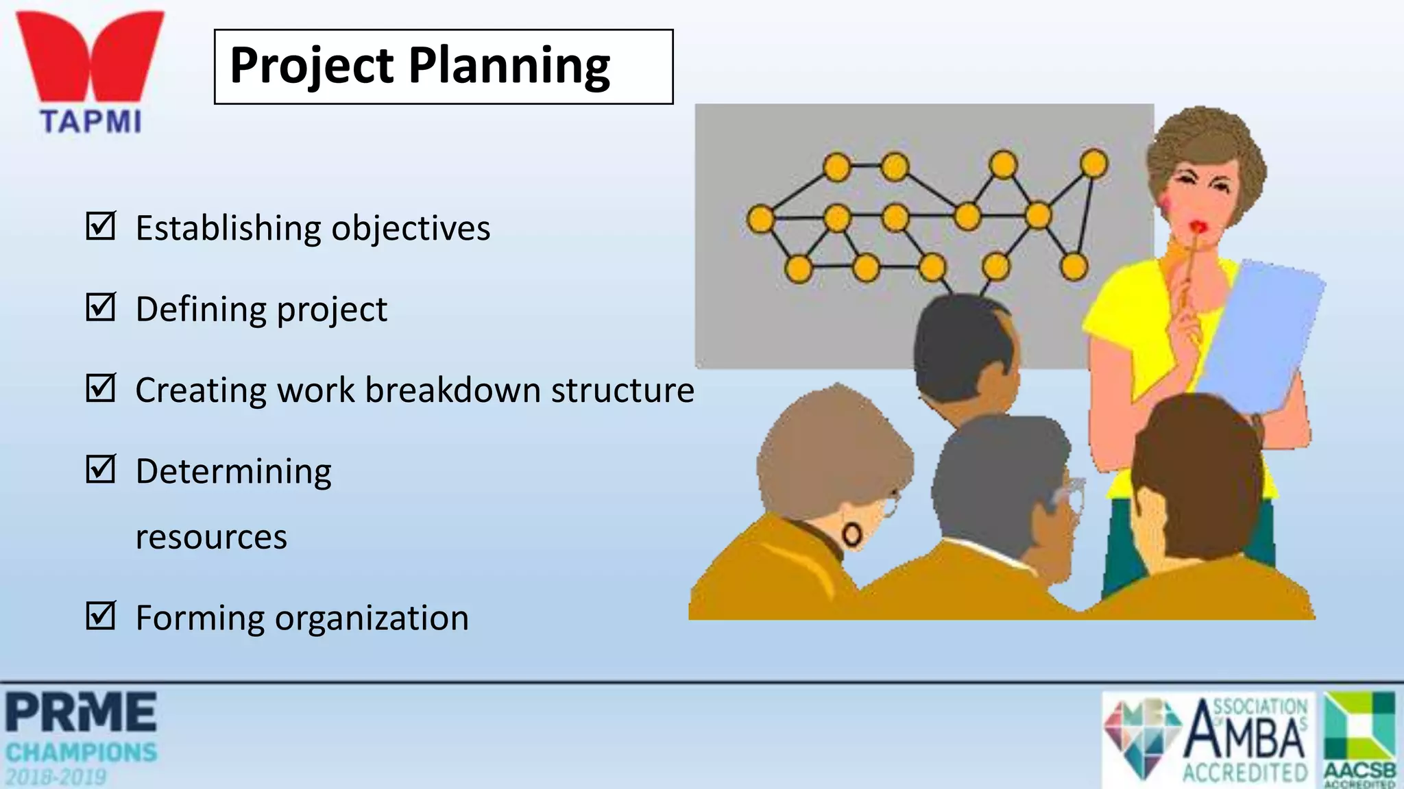 Project Planning
 Establishing objectives
 Defining project
 Creating work breakdown structure
 Determining
resources
 Forming organization
 