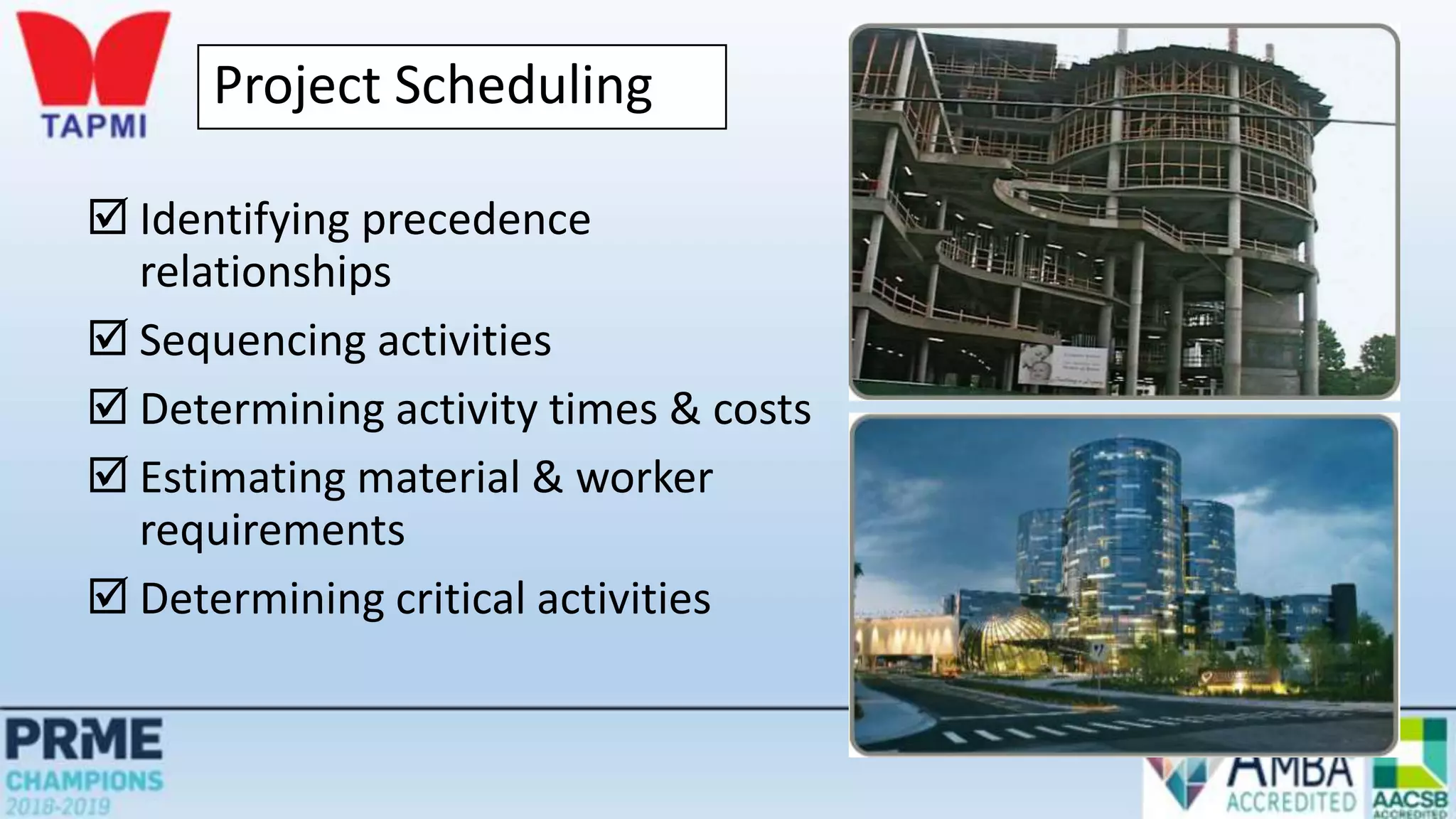 Project Scheduling
 Identifying precedence
relationships
 Sequencing activities
 Determining activity times & costs
 Estimating material & worker
requirements
 Determining critical activities
 