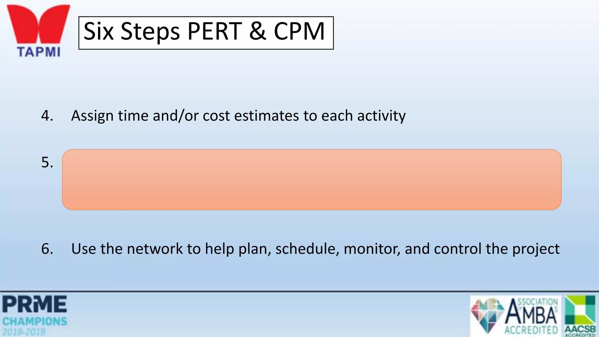 Six Steps PERT & CPM
4. Assign time and/or cost estimates to each activity
5. Compute the longest time path through the network – this is called the
critical path
6. Use the network to help plan, schedule, monitor, and control the project
 
