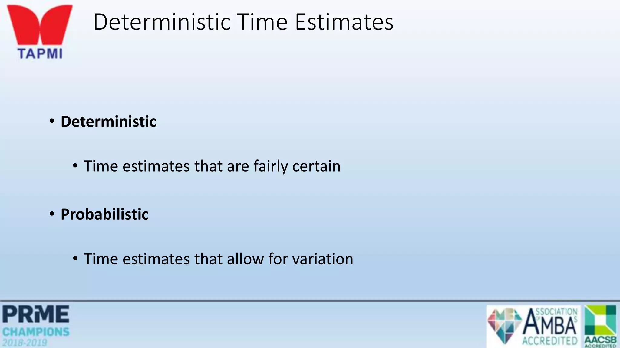 Deterministic Time Estimates
• Deterministic
• Time estimates that are fairly certain
• Probabilistic
• Time estimates that allow for variation
 