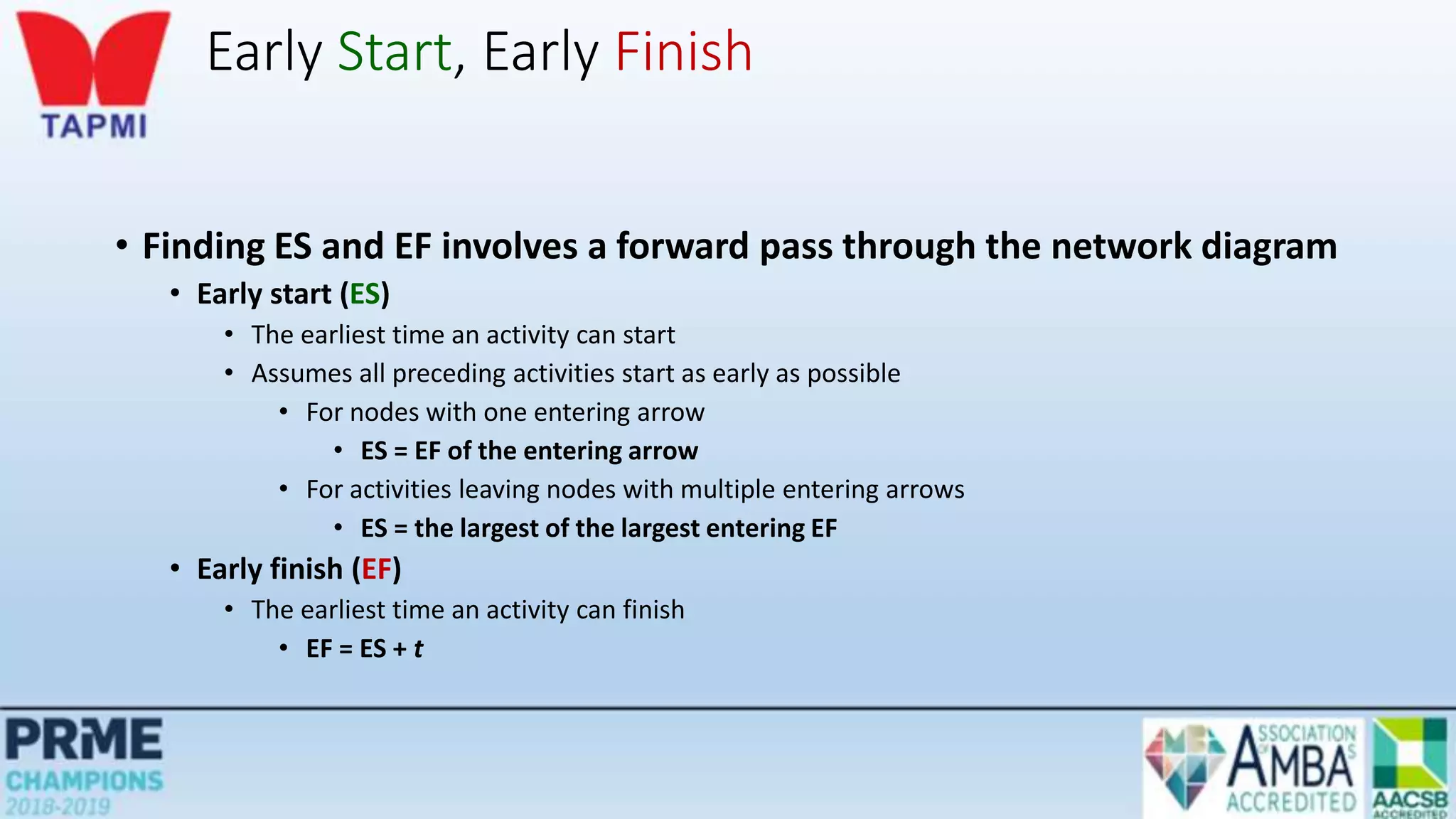 Early Start, Early Finish
• Finding ES and EF involves a forward pass through the network diagram
• Early start (ES)
• The earliest time an activity can start
• Assumes all preceding activities start as early as possible
• For nodes with one entering arrow
• ES = EF of the entering arrow
• For activities leaving nodes with multiple entering arrows
• ES = the largest of the largest entering EF
• Early finish (EF)
• The earliest time an activity can finish
• EF = ES + t
 