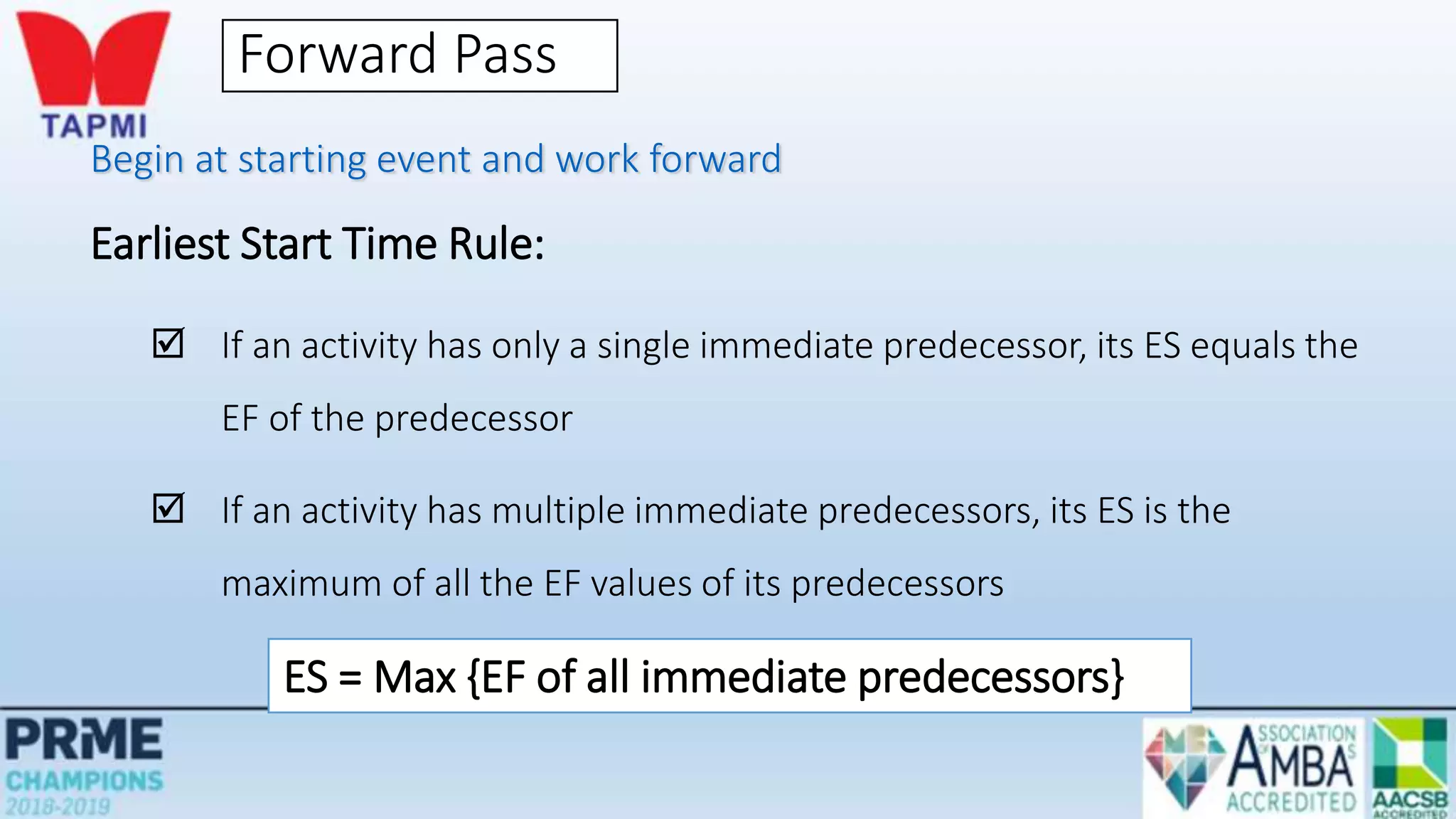 Forward Pass
Begin at starting event and work forward
Earliest Start Time Rule:
 If an activity has only a single immediate predecessor, its ES equals the
EF of the predecessor
 If an activity has multiple immediate predecessors, its ES is the
maximum of all the EF values of its predecessors
ES = Max {EF of all immediate predecessors}
 